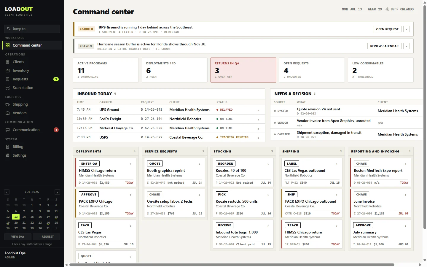 Loadout command center showing inbound shipments, deployments, service requests, stocking, shipping, and invoicing queues.