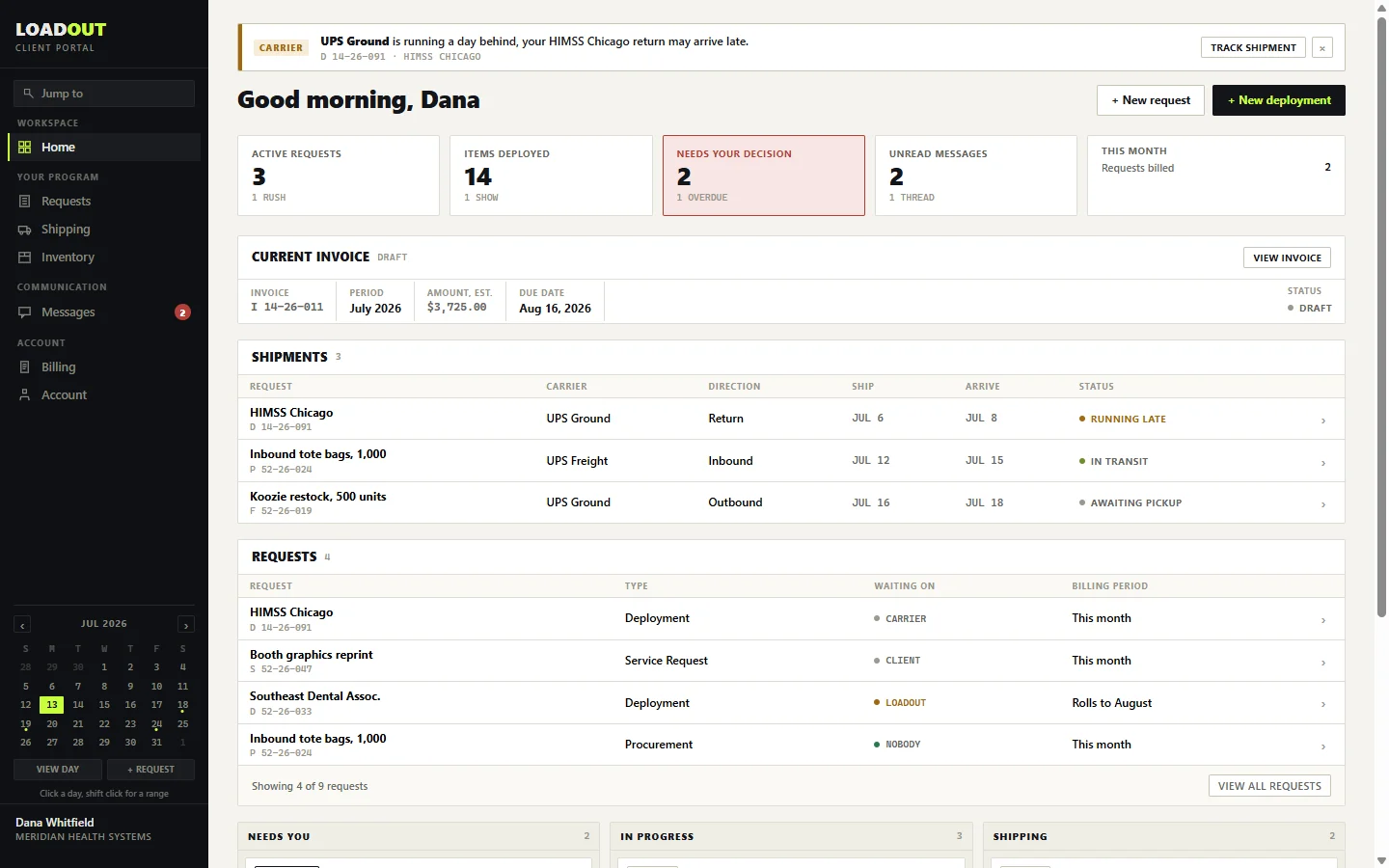 Loadout client portal home screen showing active requests, items deployed, decisions waiting, and the current invoice as a draft.
