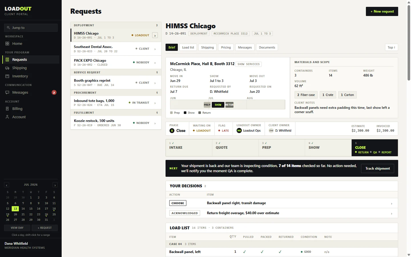 Loadout client portal request screen showing a single event from request through return.